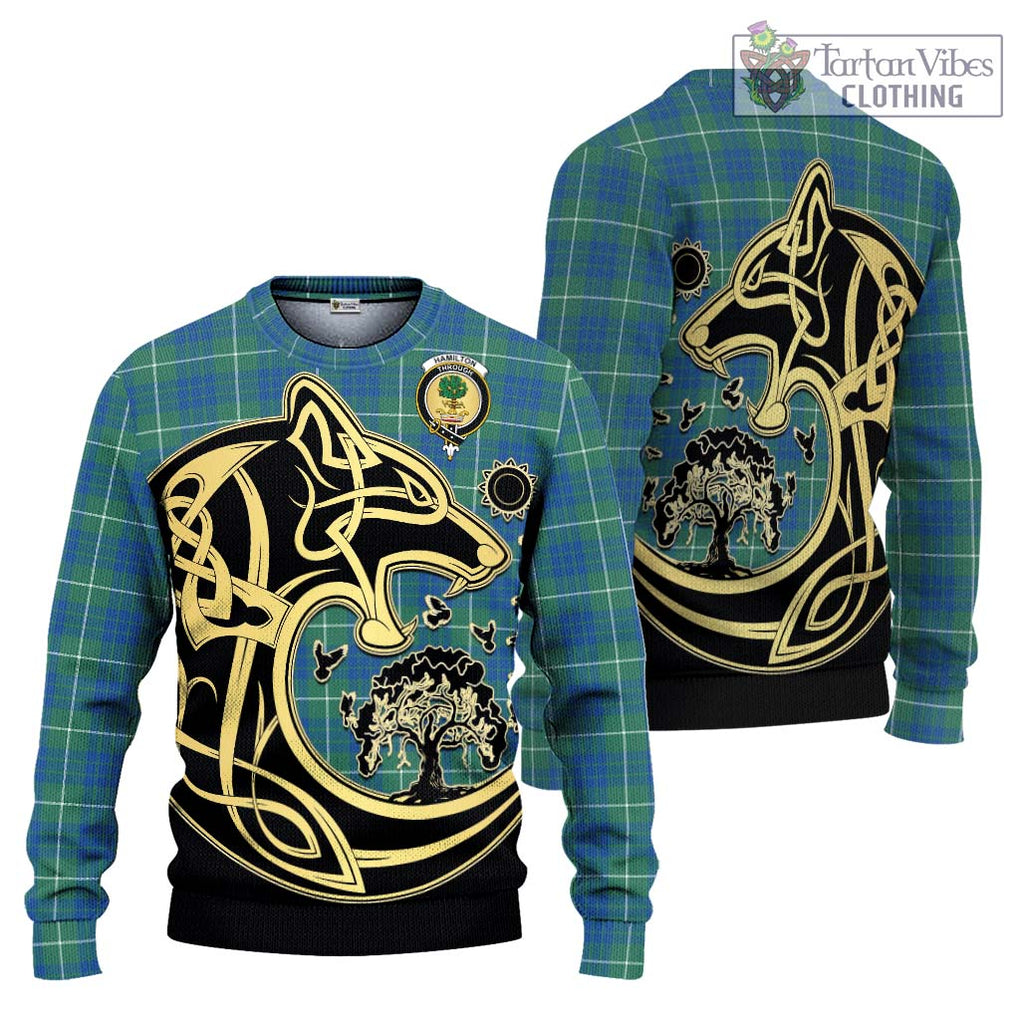 Hamilton Hunting Ancient Tartan Knitted Sweater with Family Crest Celtic Wolf Style Unisex - Tartan Vibes Clothing