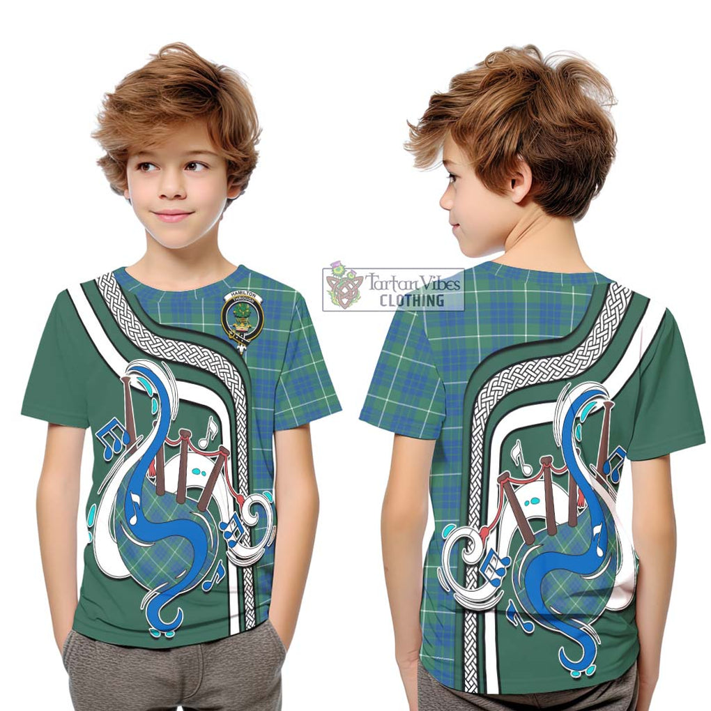 Tartan Vibes Clothing Hamilton Hunting Ancient Tartan Kid T-Shirt with Epic Bagpipe Style