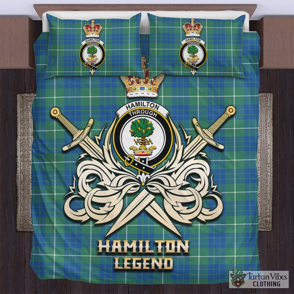 Tartan Vibes Clothing Hamilton Hunting Ancient Tartan Bedding Set with Clan Crest and the Golden Sword of Courageous Legacy