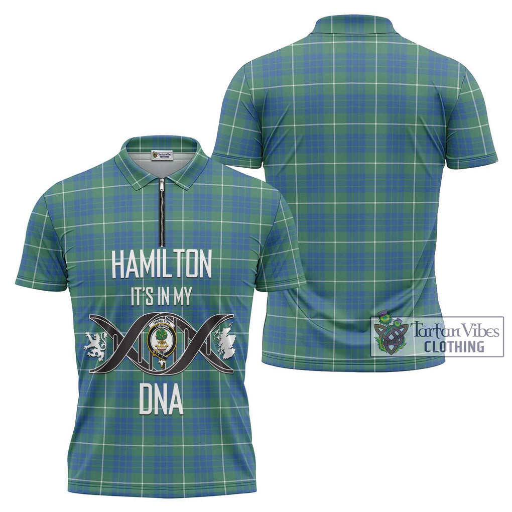 Hamilton Hunting Ancient Tartan Zipper Polo Shirt with Family Crest DNA In Me Style Unisex - Tartanvibesclothing Shop