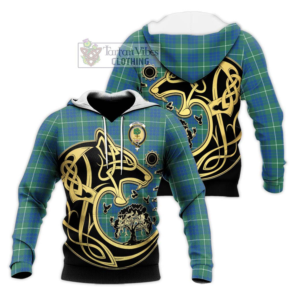 Hamilton Hunting Ancient Tartan Knitted Hoodie with Family Crest Celtic Wolf Style Unisex Knitted Pullover Hoodie - Tartan Vibes Clothing