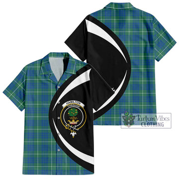 Hamilton Hunting Ancient Tartan Short Sleeve Button Up with Family Crest Circle Style