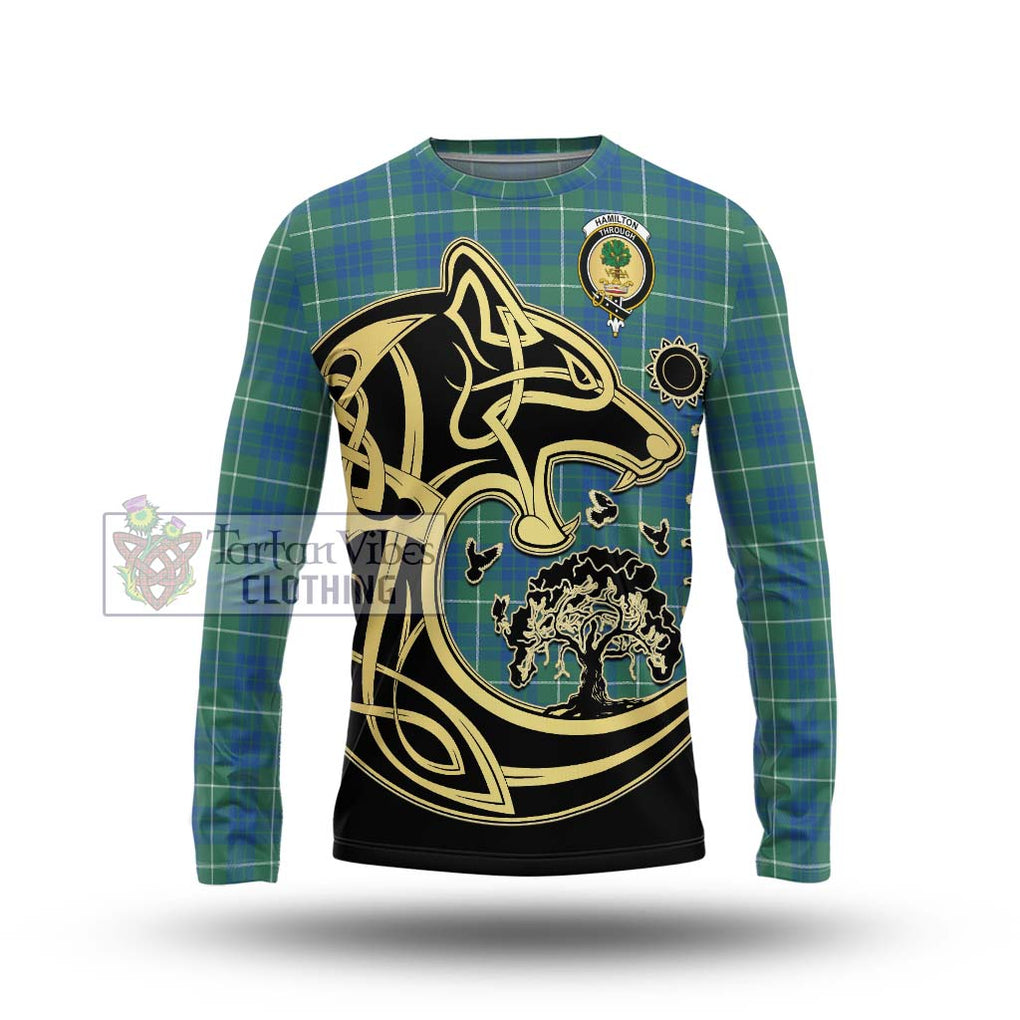 Hamilton Hunting Ancient Tartan Long Sleeve T-Shirt with Family Crest Celtic Wolf Style Unisex - Tartan Vibes Clothing