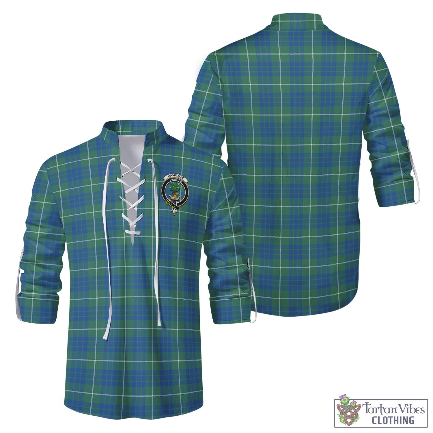 Tartan Vibes Clothing Hamilton Hunting Ancient Tartan Men's Scottish Traditional Jacobite Ghillie Kilt Shirt with Family Crest