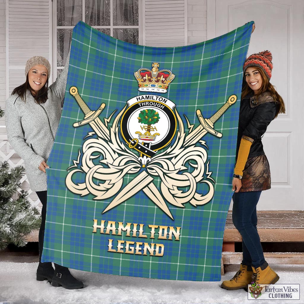 Tartan Vibes Clothing Hamilton Hunting Ancient Tartan Blanket with Clan Crest and the Golden Sword of Courageous Legacy