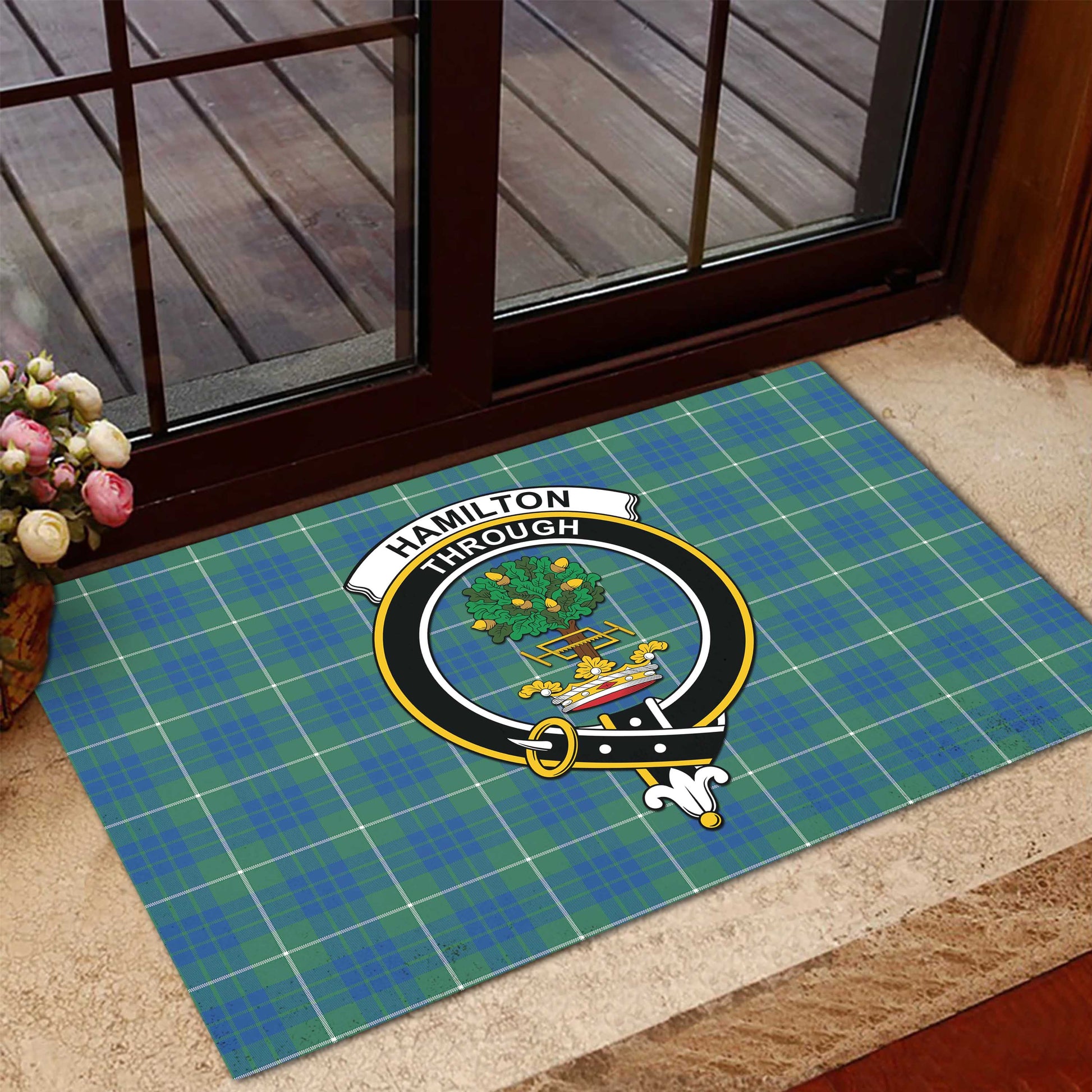 Hamilton Hunting Ancient Tartan Door Mat with Family Crest - Tartanvibesclothing