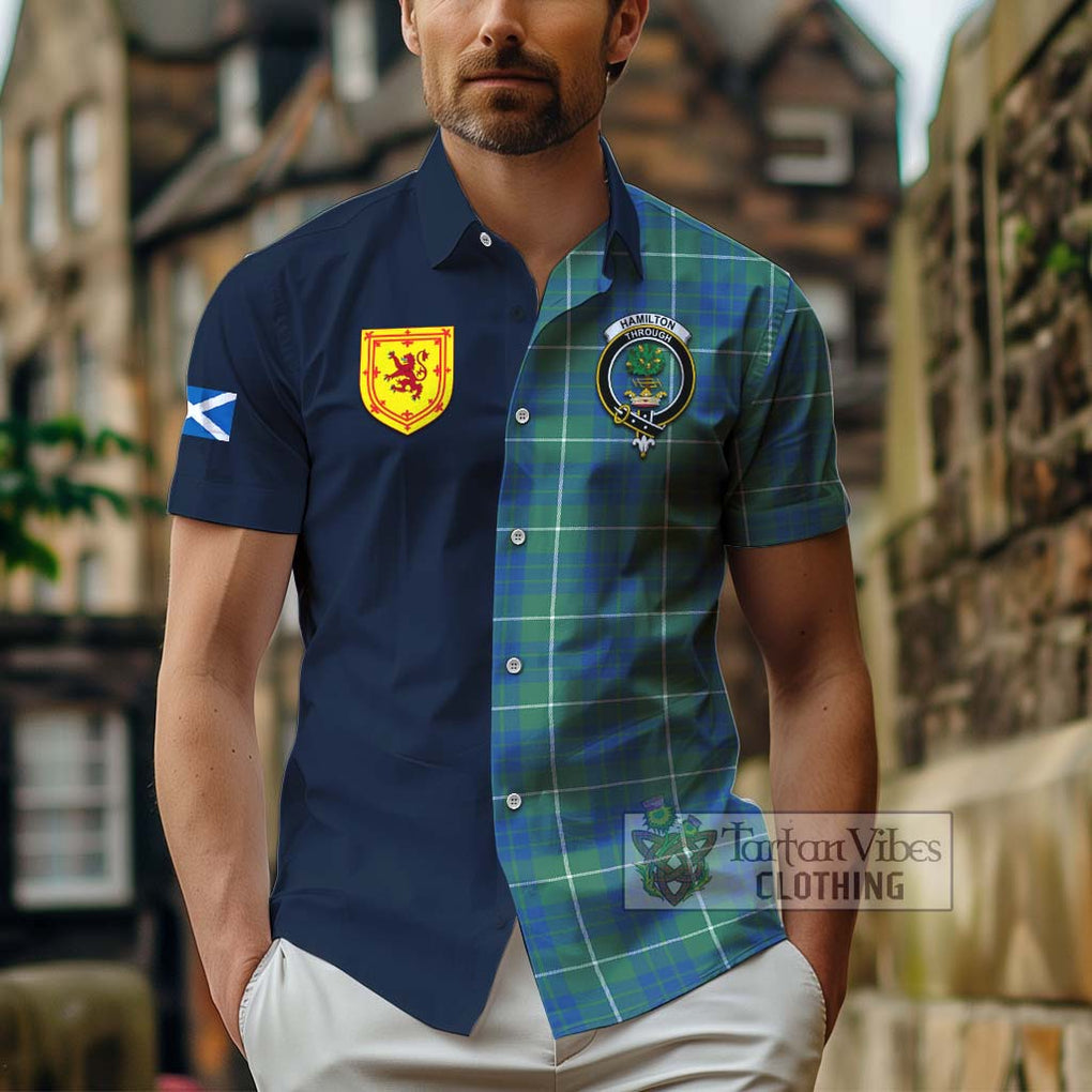 Tartan Vibes Clothing Hamilton Hunting Ancient Tartan Short Sleeve Button Shirt with Scottish Lion Royal Arm Half Style