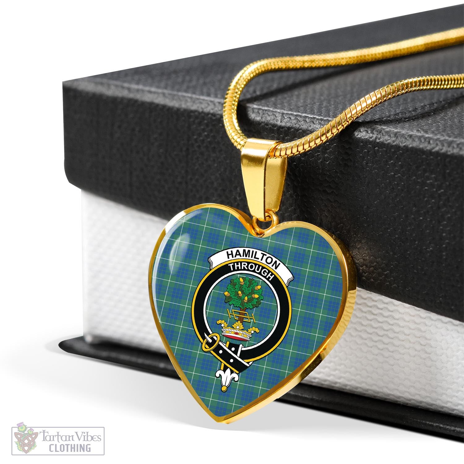 Tartan Vibes Clothing Hamilton Hunting Ancient Tartan Heart Necklace with Family Crest