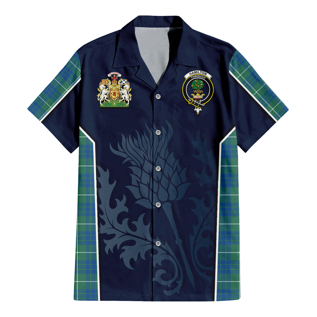 Tartan Vibes Clothing Hamilton Hunting Ancient Tartan Short Sleeve Button Up Shirt with Family Crest and Scottish Thistle Vibes Sport Style