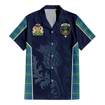 Hamilton Hunting Ancient Tartan Short Sleeve Button Up Shirt with Family Crest and Scottish Thistle Vibes Sport Style