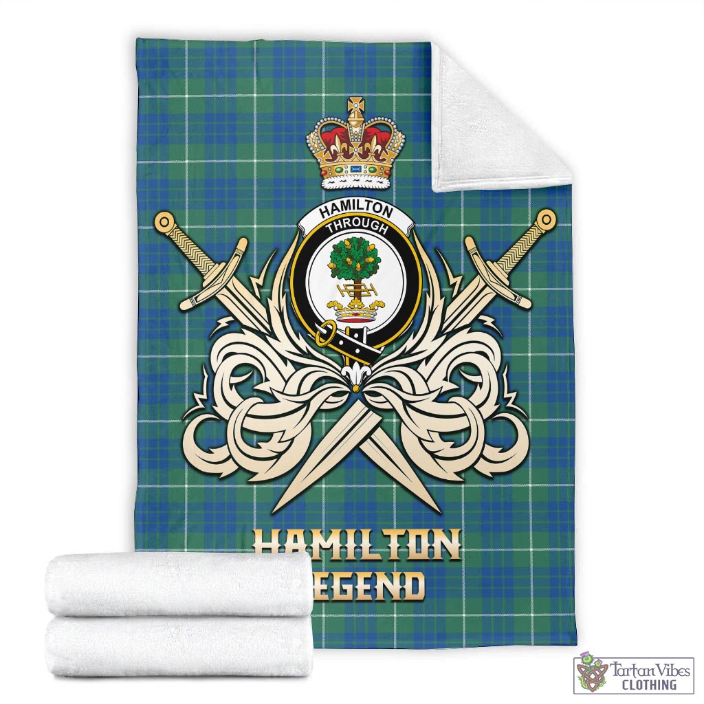 Tartan Vibes Clothing Hamilton Hunting Ancient Tartan Blanket with Clan Crest and the Golden Sword of Courageous Legacy