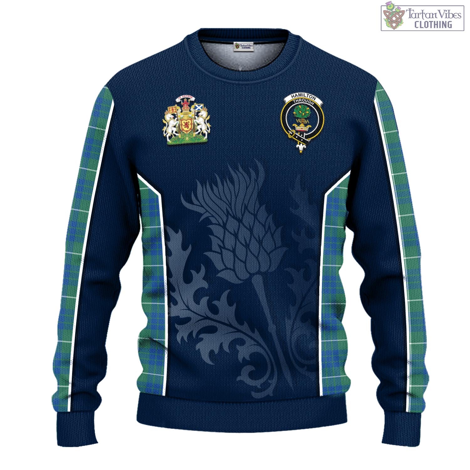 Tartan Vibes Clothing Hamilton Hunting Ancient Tartan Knitted Sweatshirt with Family Crest and Scottish Thistle Vibes Sport Style