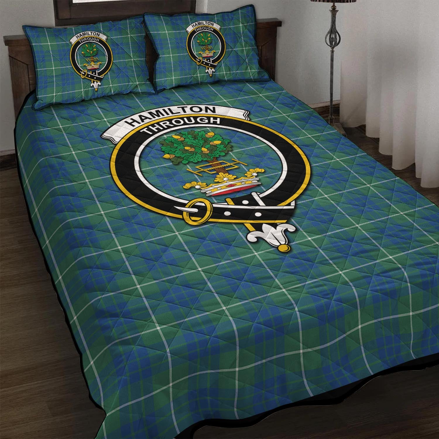 Hamilton Hunting Ancient Tartan Quilt Bed Set with Family Crest - Tartan Vibes Clothing