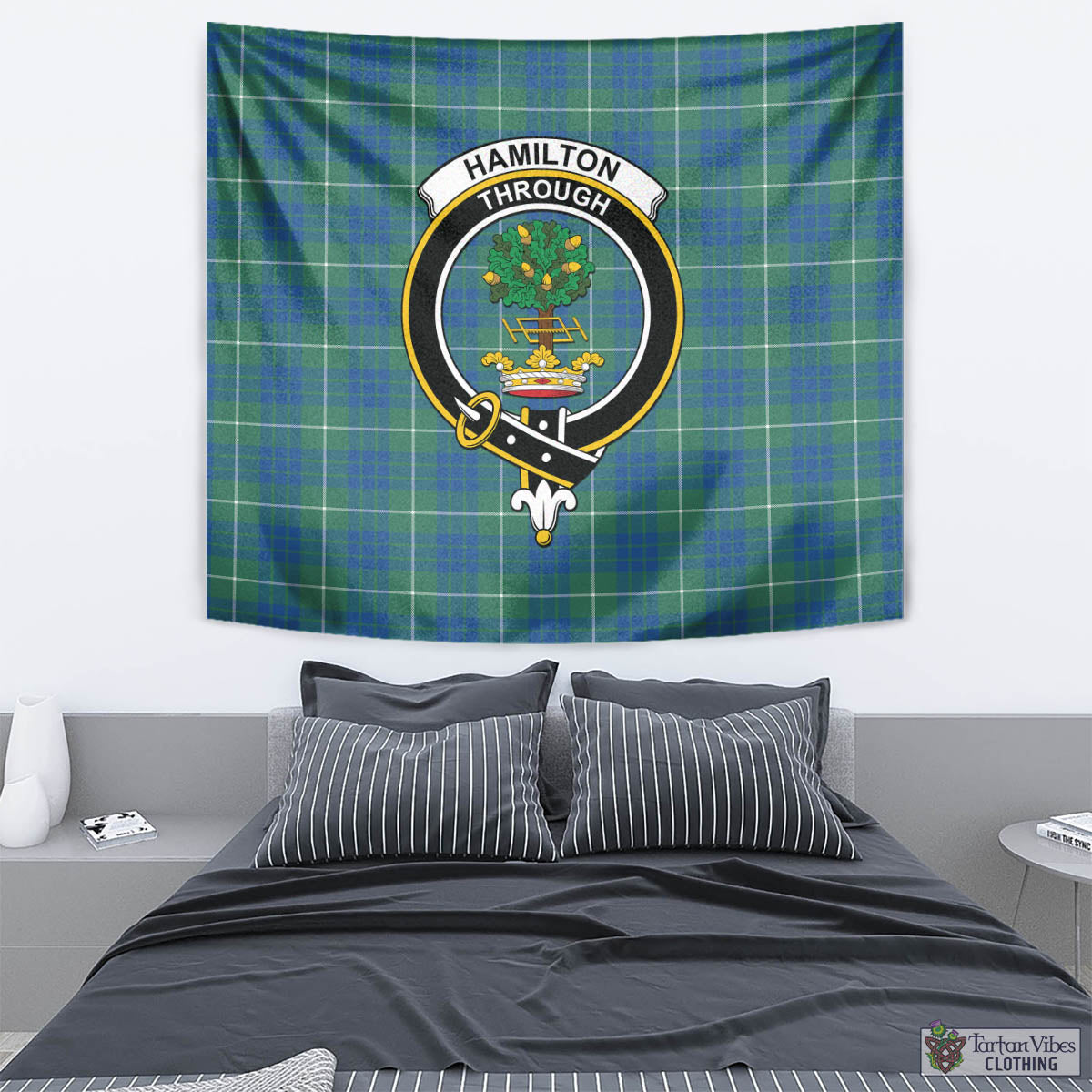 Tartan Vibes Clothing Hamilton Hunting Ancient Tartan Tapestry Wall Hanging and Home Decor for Room with Family Crest