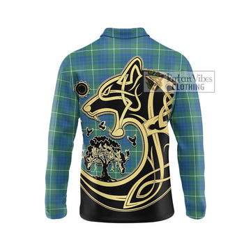 Hamilton Hunting Ancient Tartan Long Sleeve Polo Shirt with Family Crest Celtic Wolf Style