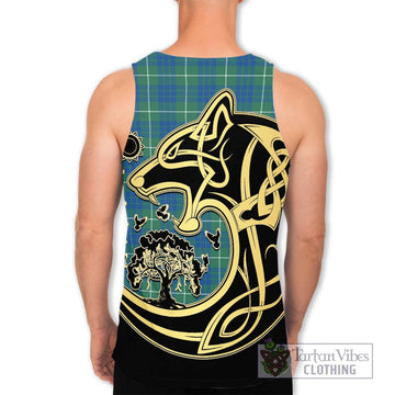 Hamilton Hunting Ancient Tartan Men's Tank Top with Family Crest Celtic Wolf Style