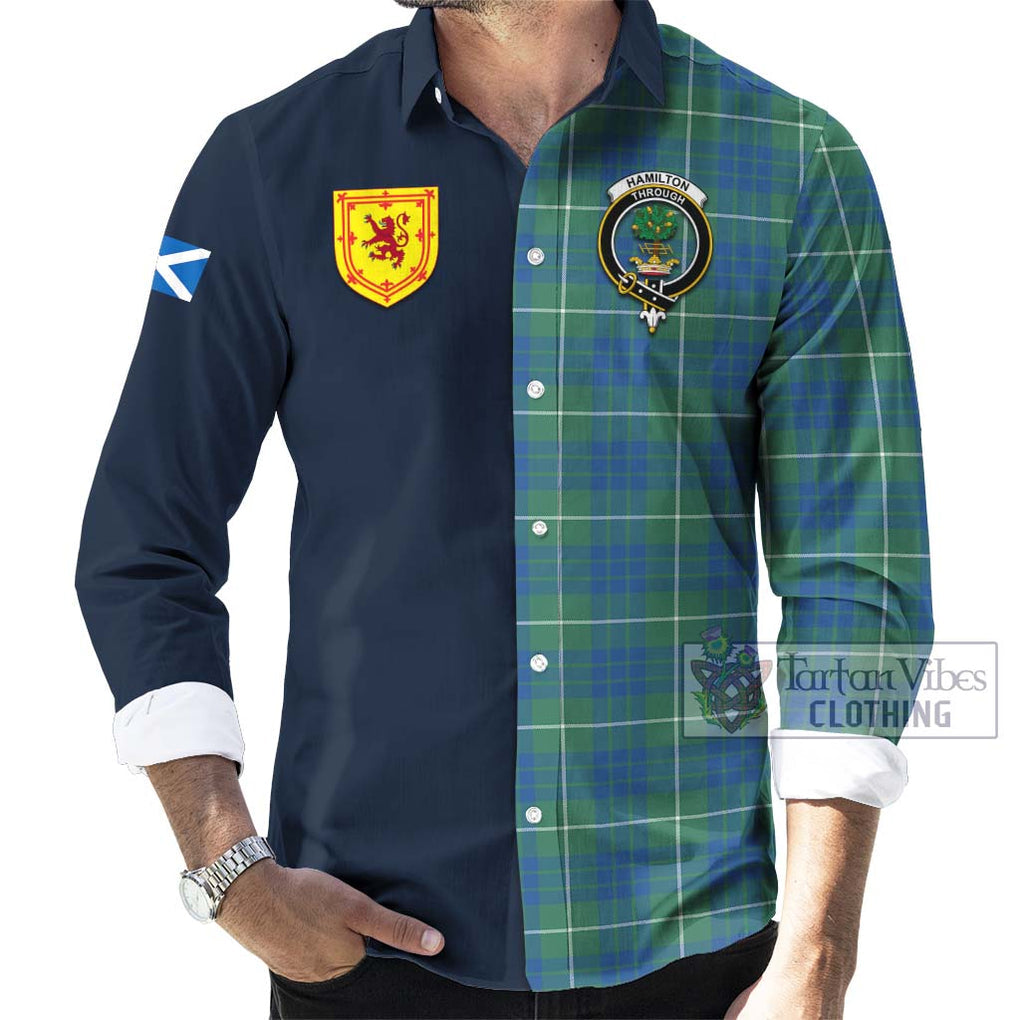 Tartan Vibes Clothing Hamilton Hunting Ancient Tartan Long Sleeve Button Shirt with Scottish Lion Royal Arm Half Style