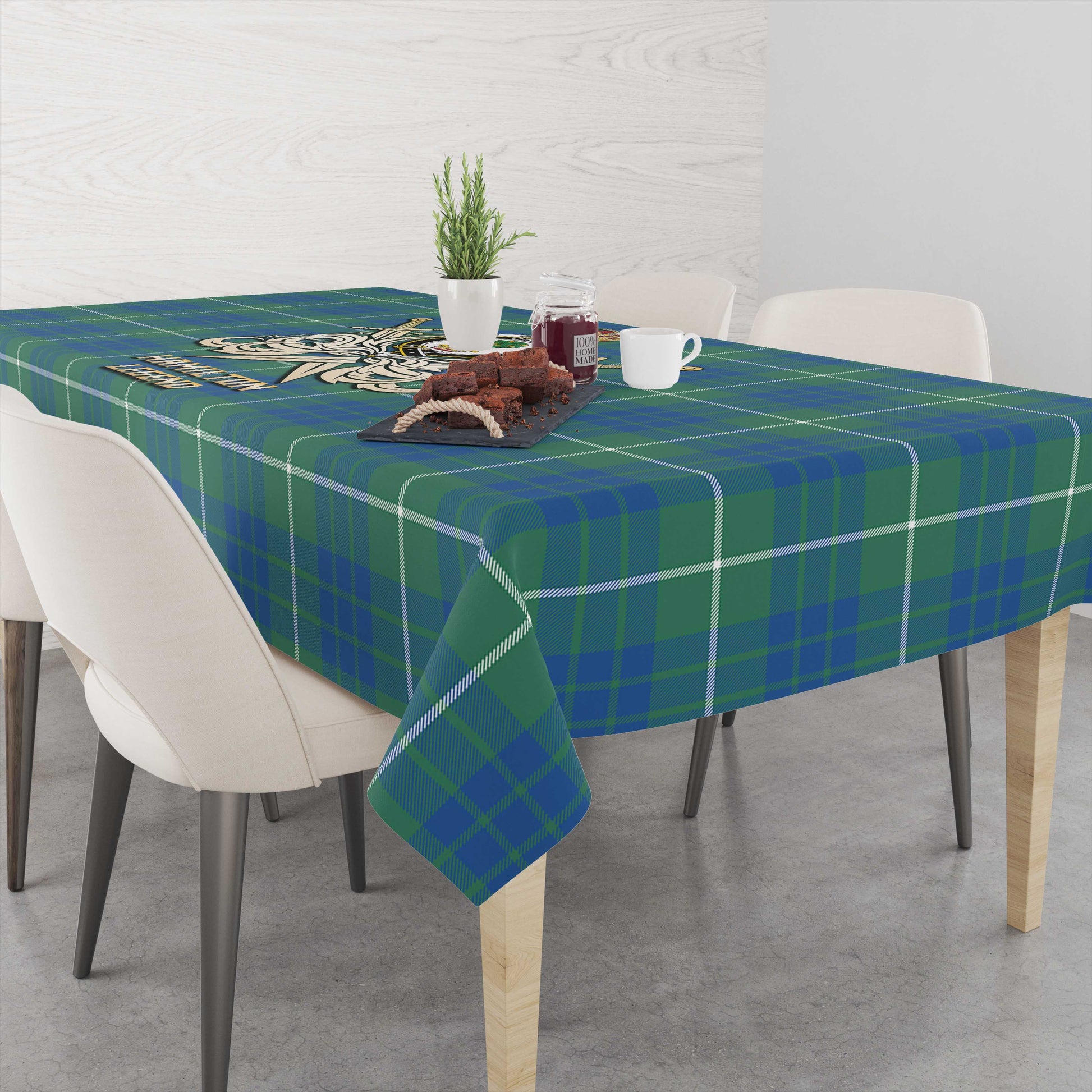 Tartan Vibes Clothing Hamilton Hunting Ancient Tartan Tablecloth with Clan Crest and the Golden Sword of Courageous Legacy