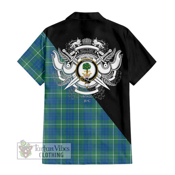 Hamilton Hunting Ancient Tartan Short Sleeve Button Shirt with Family Crest and Military Logo Style