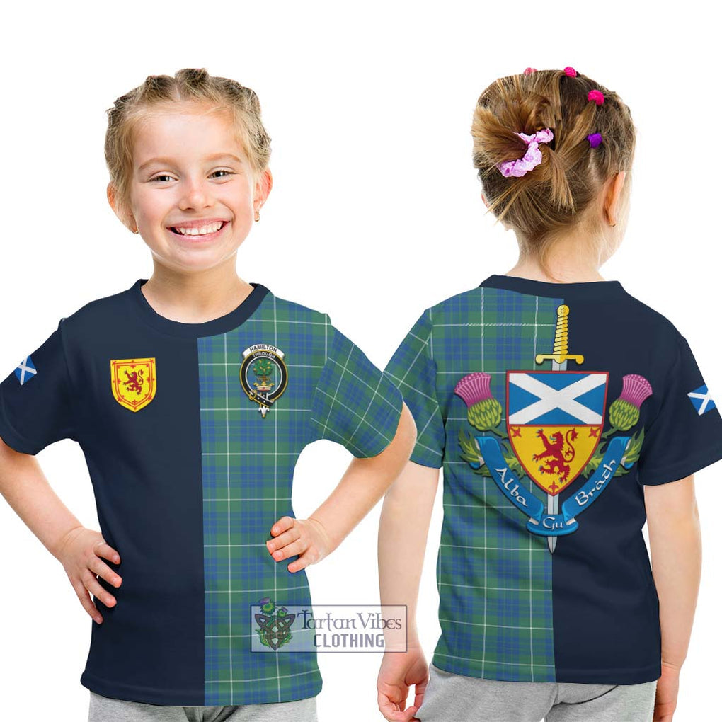 Tartan Vibes Clothing Hamilton Hunting Ancient Tartan Kid T-Shirt with Scottish Lion Royal Arm Half Style