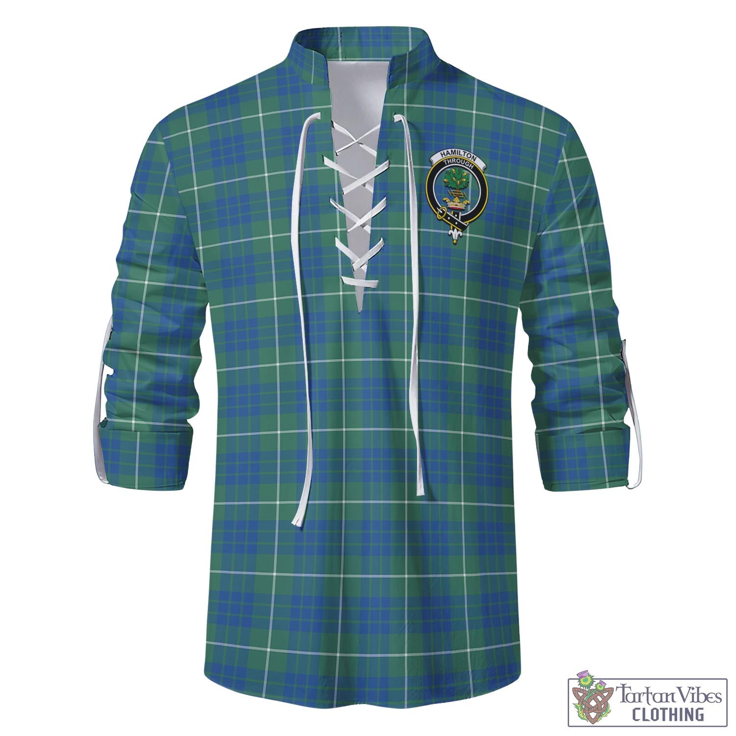 Tartan Vibes Clothing Hamilton Hunting Ancient Tartan Men's Scottish Traditional Jacobite Ghillie Kilt Shirt with Family Crest