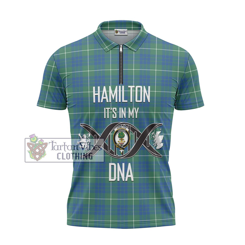 Hamilton Hunting Ancient Tartan Zipper Polo Shirt with Family Crest DNA In Me Style - Tartanvibesclothing Shop