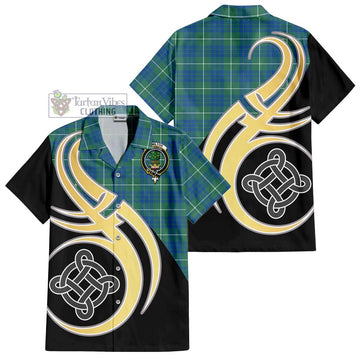 Hamilton Hunting Ancient Tartan Short Sleeve Button Shirt with Family Crest and Celtic Symbol Style