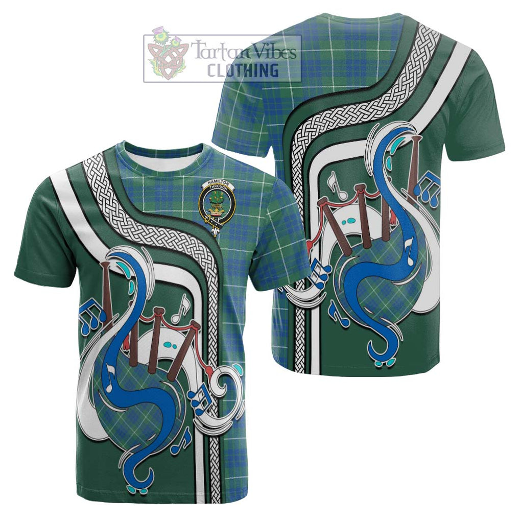 Tartan Vibes Clothing Hamilton Hunting Ancient Tartan Cotton T-shirt with Epic Bagpipe Style