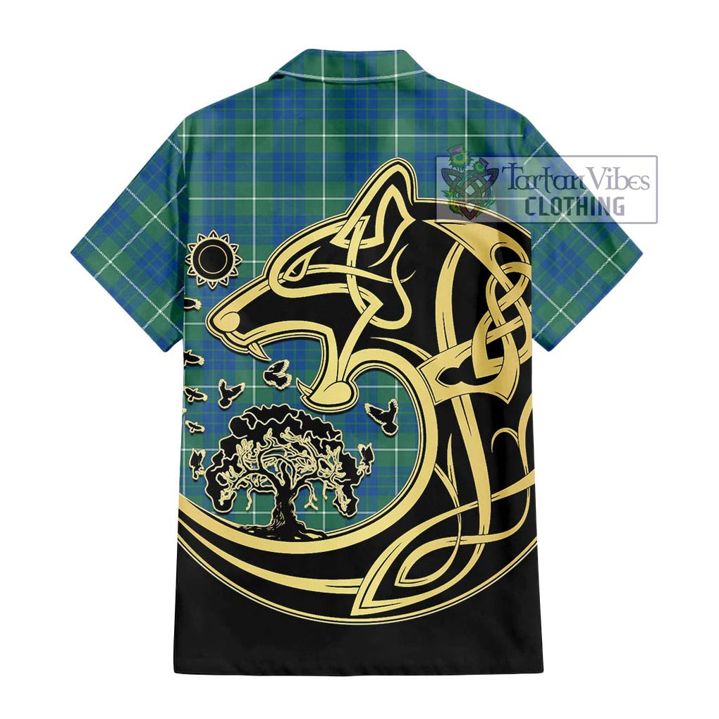 Hamilton Hunting Ancient Tartan Short Sleeve Button Shirt with Family Crest Celtic Wolf Style - Tartan Vibes Clothing