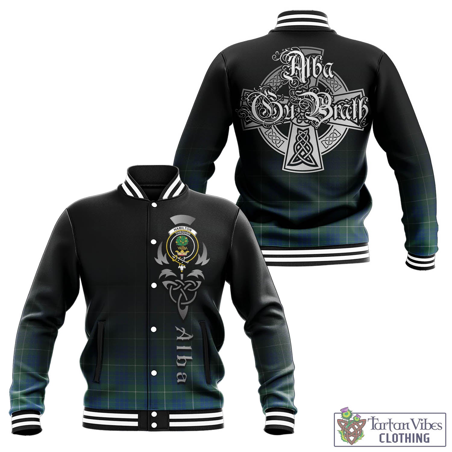 Tartan Vibes Clothing Hamilton Hunting Ancient Tartan Baseball Jacket Featuring Alba Gu Brath Family Crest Celtic Inspired