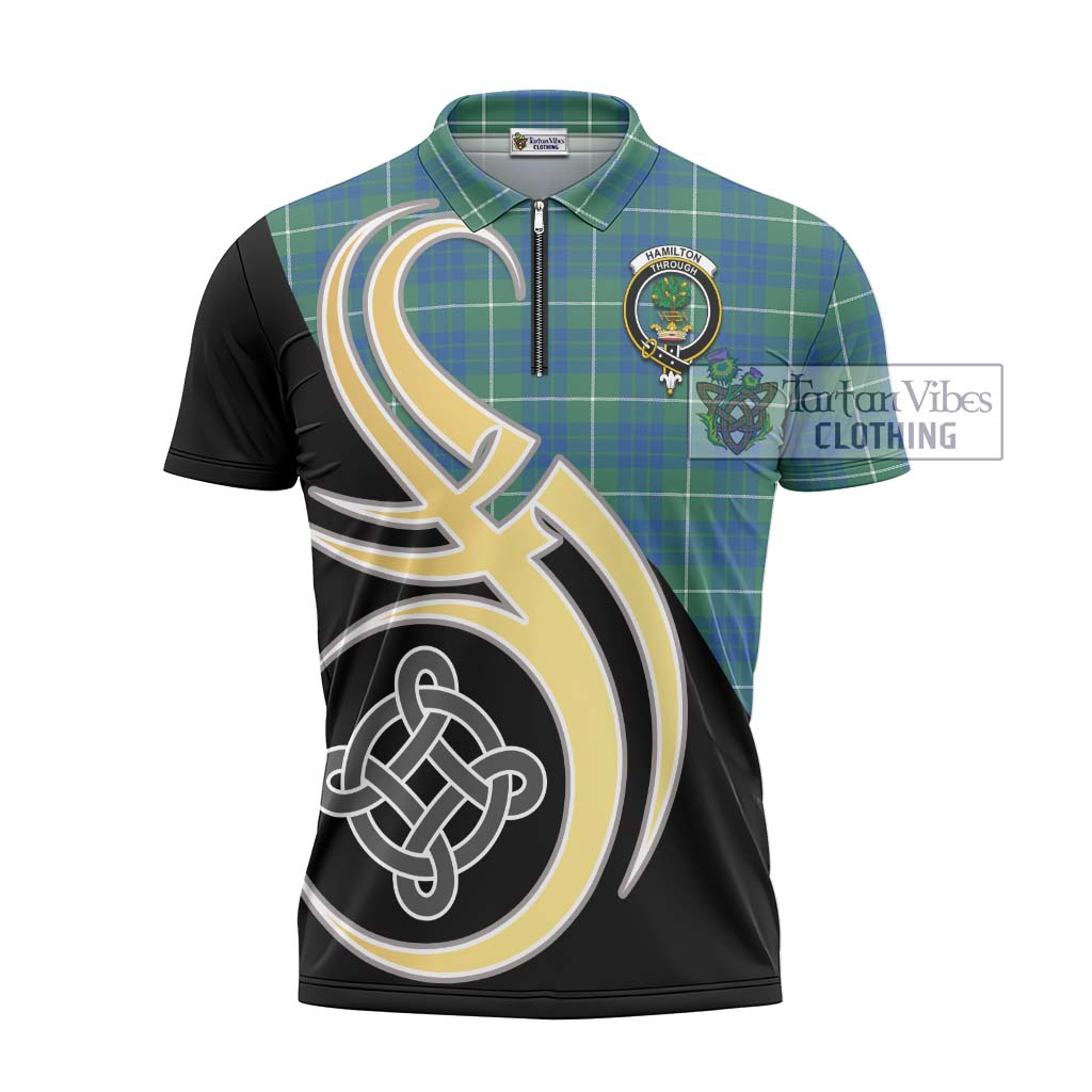 Tartan Vibes Clothing Hamilton Hunting Ancient Tartan Zipper Polo Shirt with Family Crest and Celtic Symbol Style