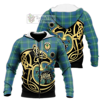 Hamilton Hunting Ancient Tartan Knitted Hoodie with Family Crest Celtic Wolf Style