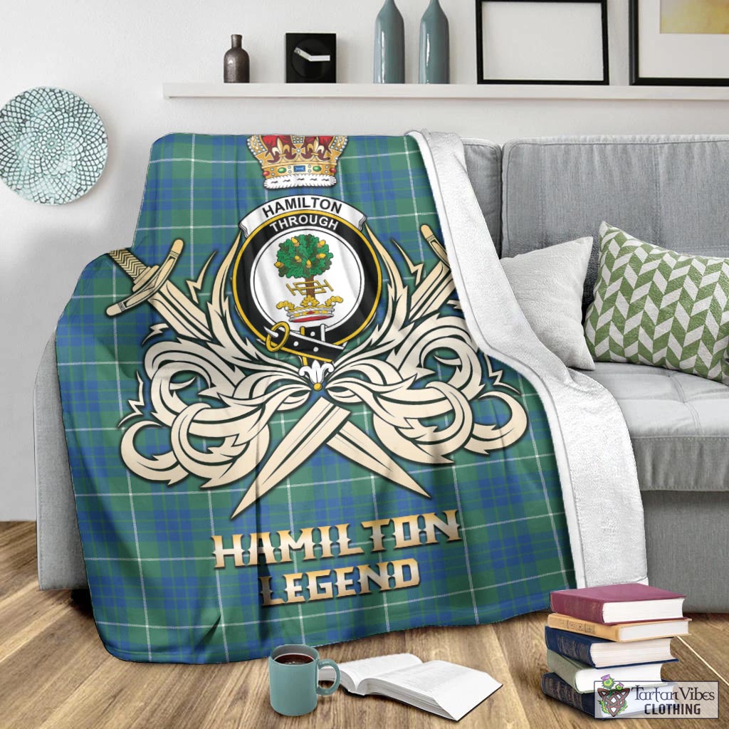 Tartan Vibes Clothing Hamilton Hunting Ancient Tartan Blanket with Clan Crest and the Golden Sword of Courageous Legacy