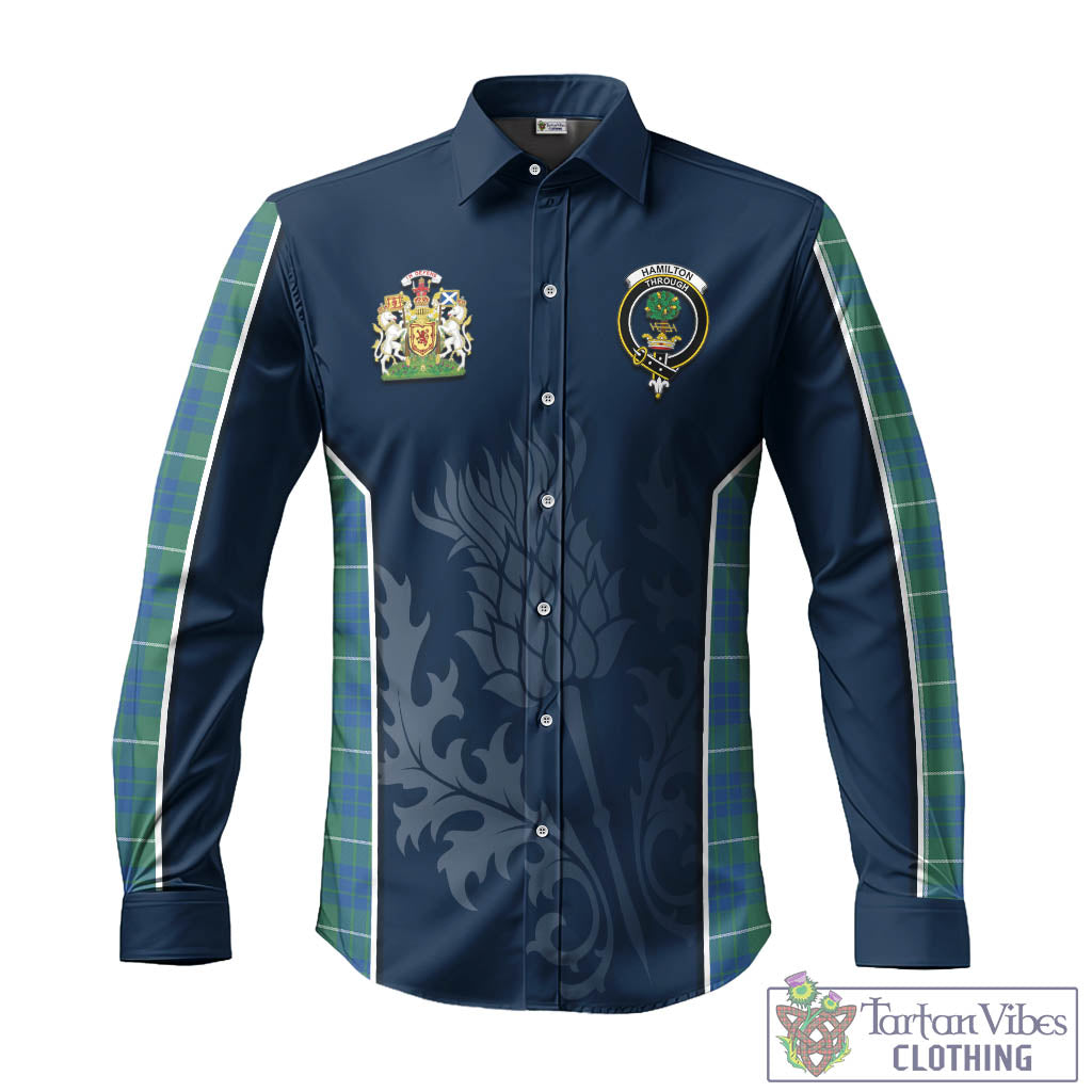 Tartan Vibes Clothing Hamilton Hunting Ancient Tartan Long Sleeve Button Up Shirt with Family Crest and Scottish Thistle Vibes Sport Style