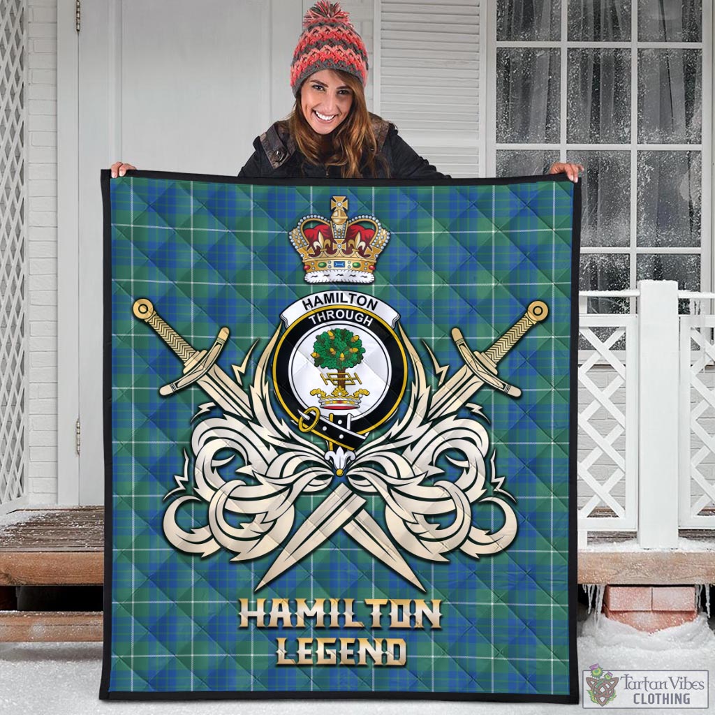 Tartan Vibes Clothing Hamilton Hunting Ancient Tartan Quilt with Clan Crest and the Golden Sword of Courageous Legacy