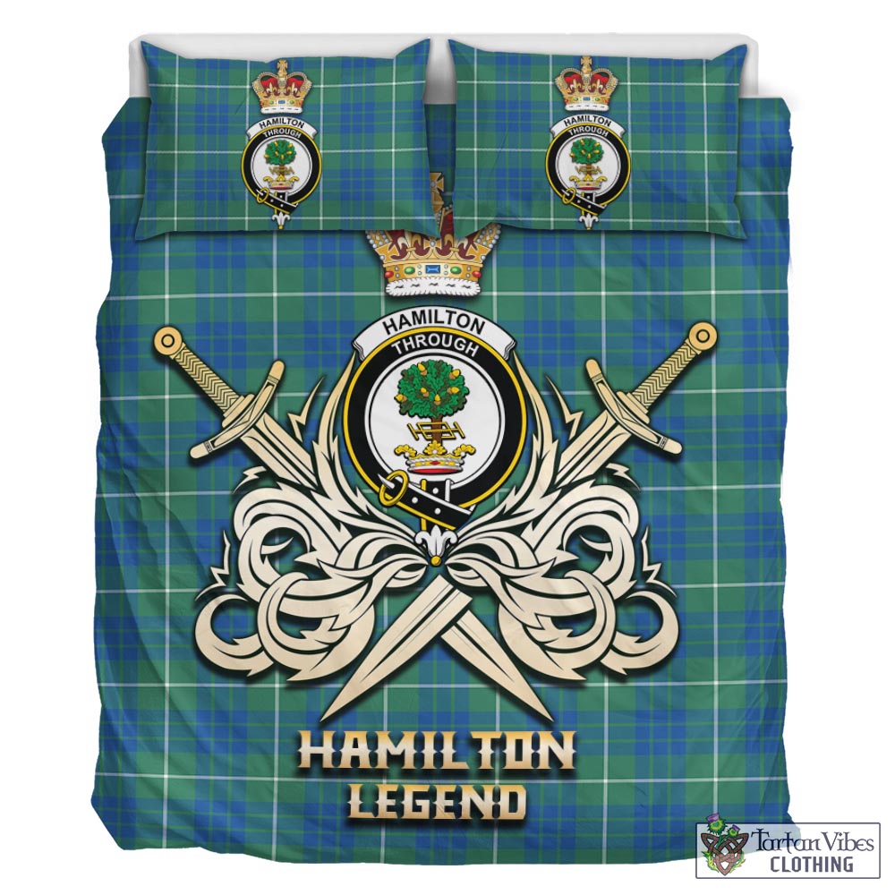 Tartan Vibes Clothing Hamilton Hunting Ancient Tartan Bedding Set with Clan Crest and the Golden Sword of Courageous Legacy