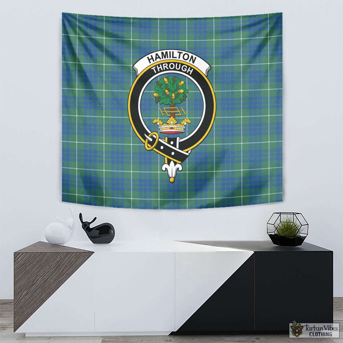 Tartan Vibes Clothing Hamilton Hunting Ancient Tartan Tapestry Wall Hanging and Home Decor for Room with Family Crest