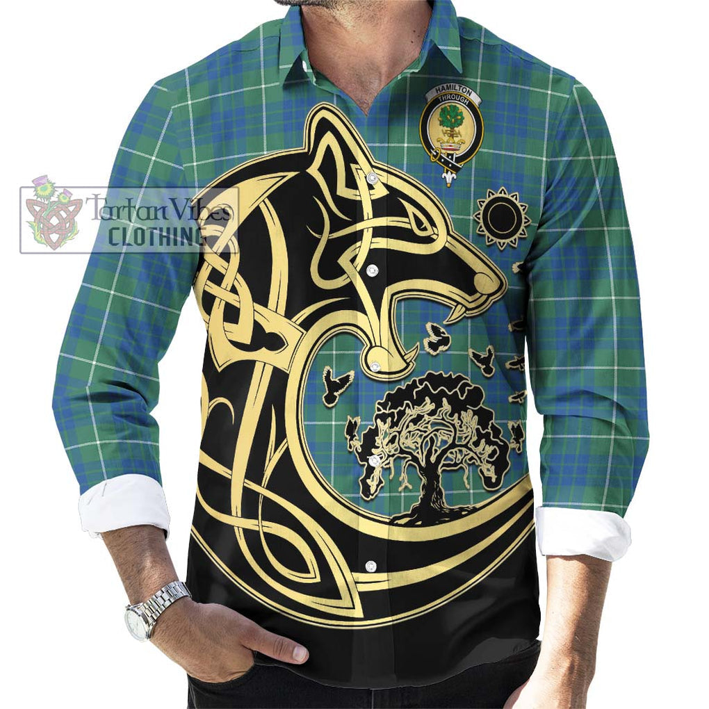 Hamilton Hunting Ancient Tartan Long Sleeve Button Shirt with Family Crest Celtic Wolf Style - Tartan Vibes Clothing