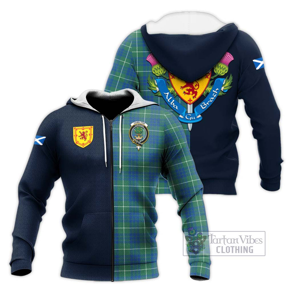 Tartan Vibes Clothing Hamilton Hunting Ancient Tartan Knitted Hoodie with Scottish Lion Royal Arm Half Style