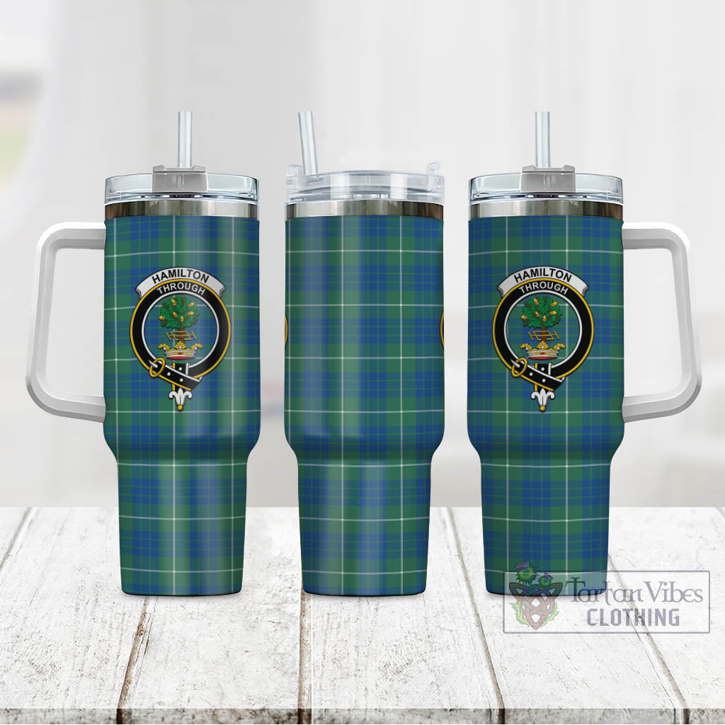 Tartan Vibes Clothing Hamilton Hunting Ancient Tartan and Family Crest Tumbler with Handle