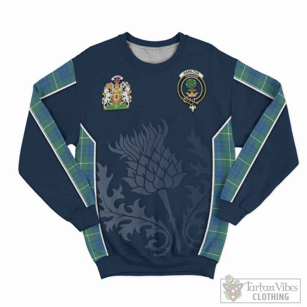 Tartan Vibes Clothing Hamilton Hunting Ancient Tartan Sweatshirt with Family Crest and Scottish Thistle Vibes Sport Style