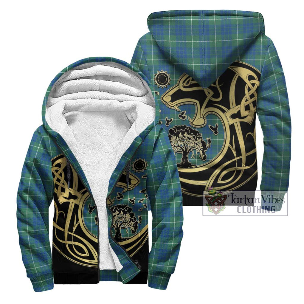 Hamilton Hunting Ancient Tartan Sherpa Hoodie with Family Crest Celtic Wolf Style Unisex - Tartan Vibes Clothing