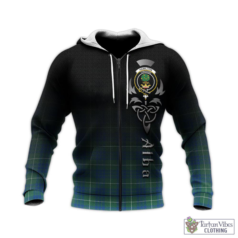 Tartan Vibes Clothing Hamilton Hunting Ancient Tartan Knitted Hoodie Featuring Alba Gu Brath Family Crest Celtic Inspired