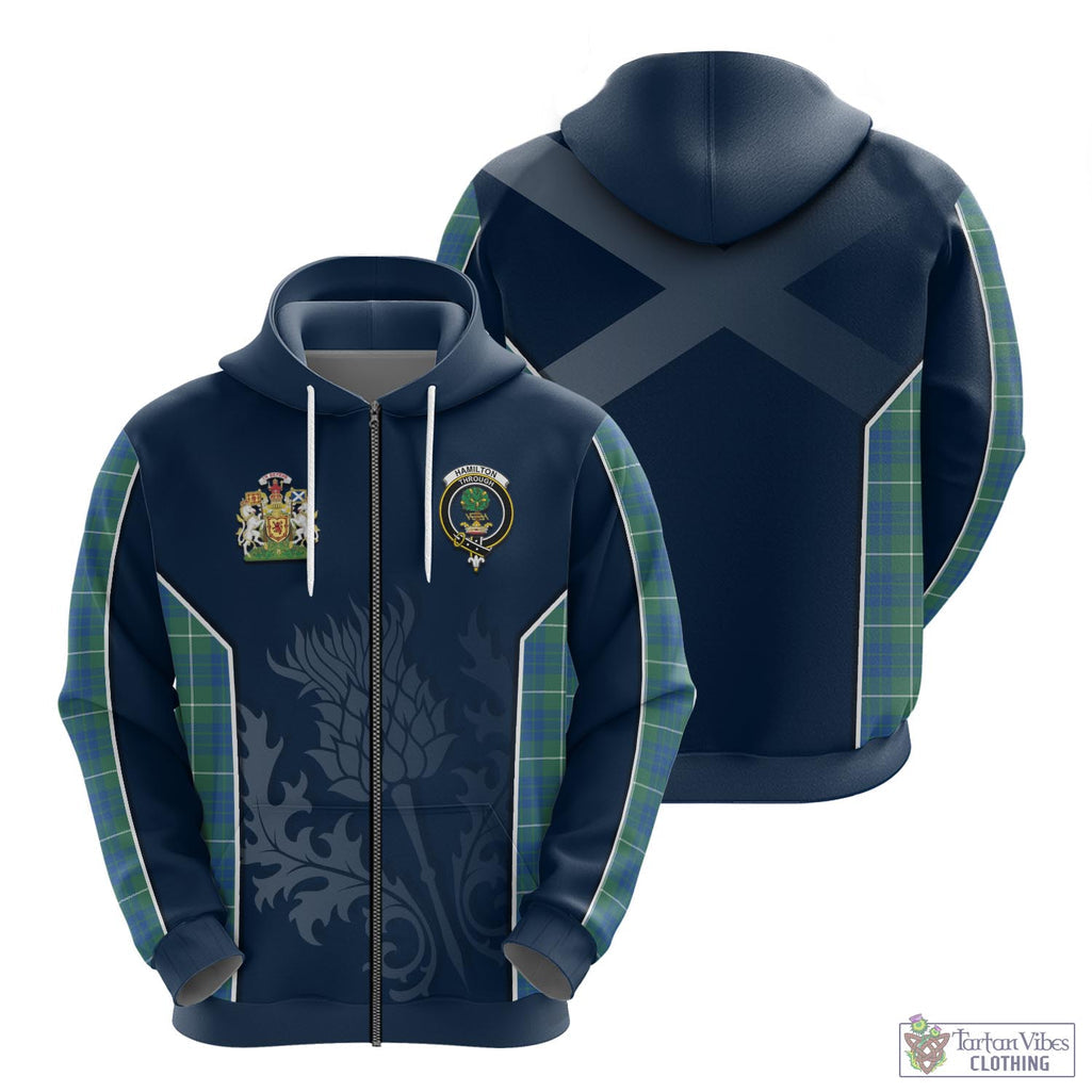 Tartan Vibes Clothing Hamilton Hunting Ancient Tartan Hoodie with Family Crest and Scottish Thistle Vibes Sport Style