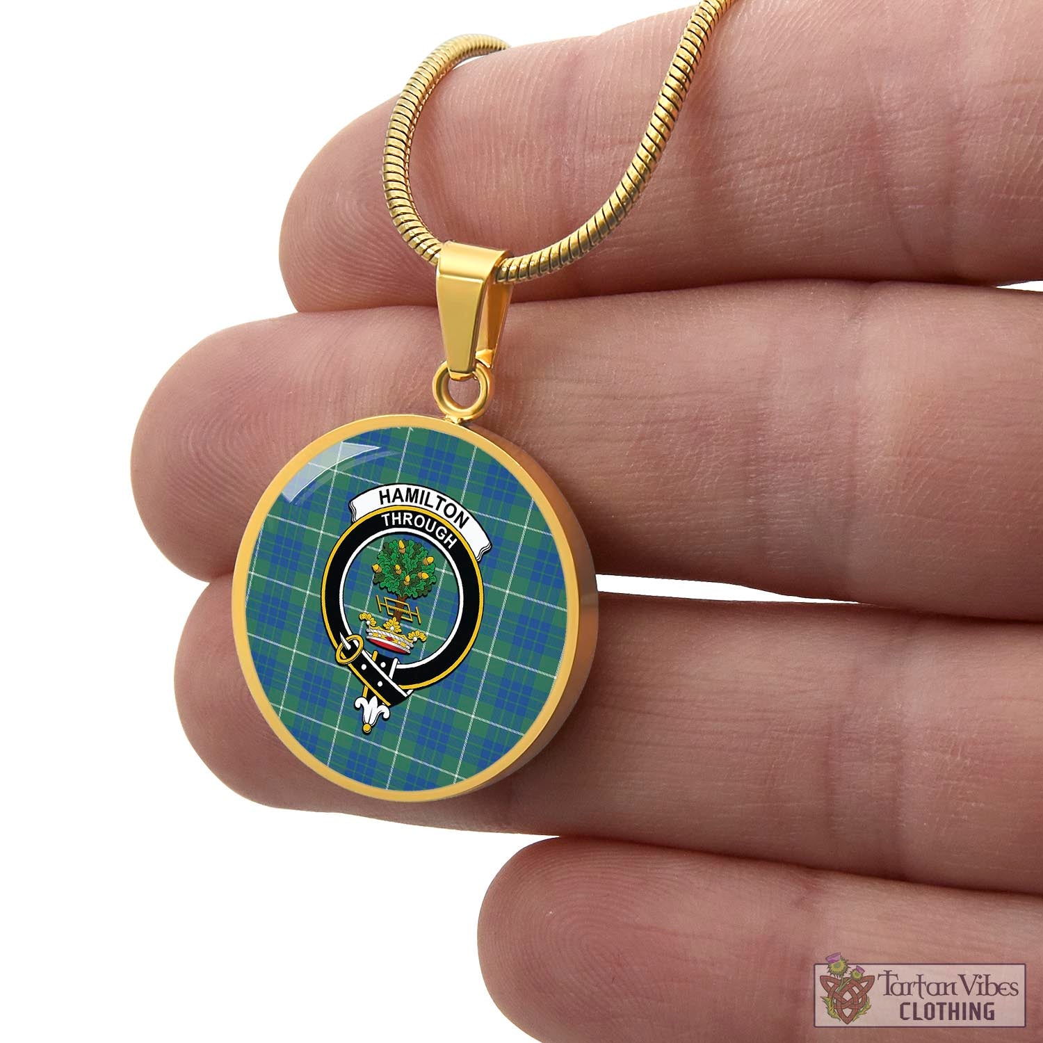 Tartan Vibes Clothing Hamilton Hunting Ancient Tartan Circle Necklace with Family Crest