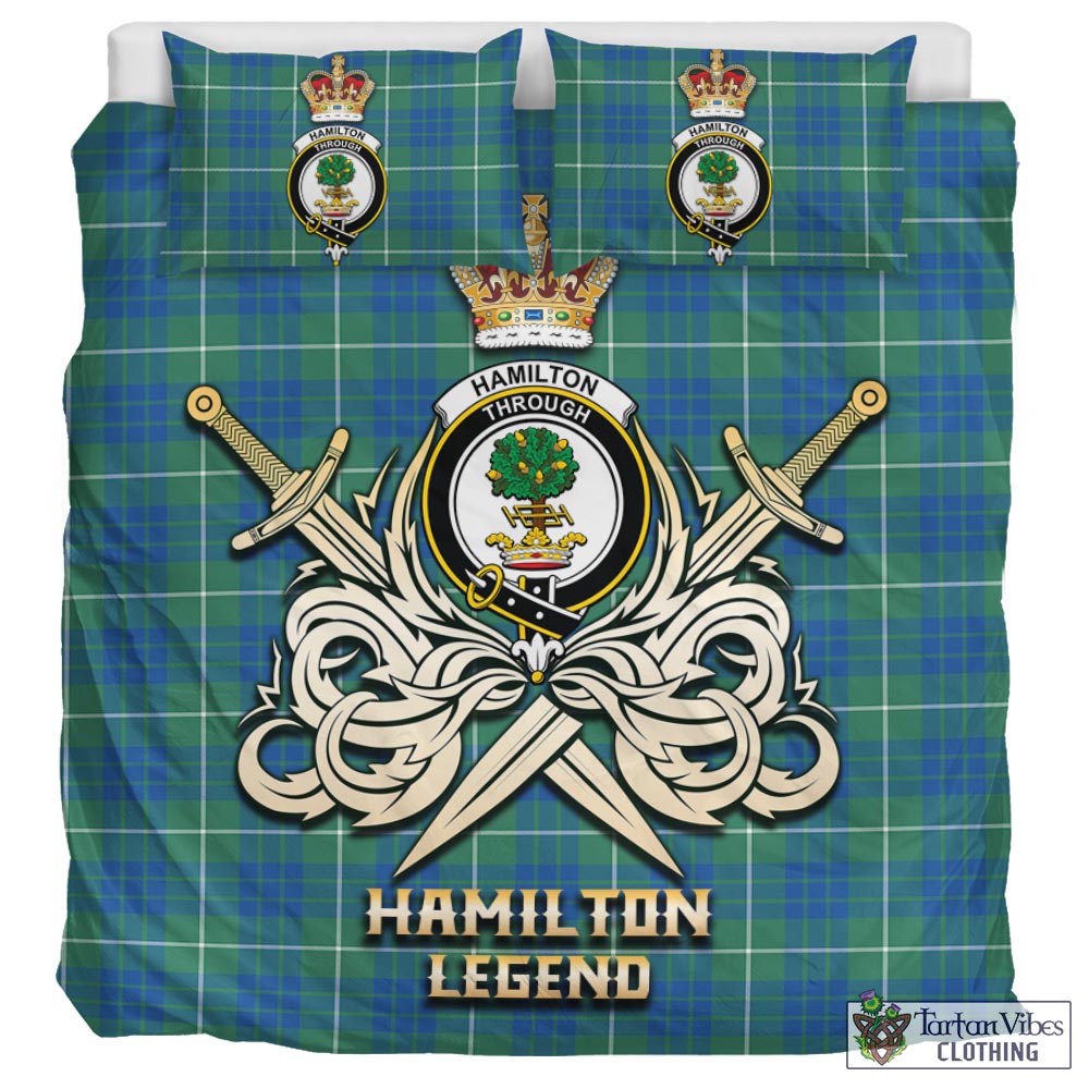 Tartan Vibes Clothing Hamilton Hunting Ancient Tartan Bedding Set with Clan Crest and the Golden Sword of Courageous Legacy