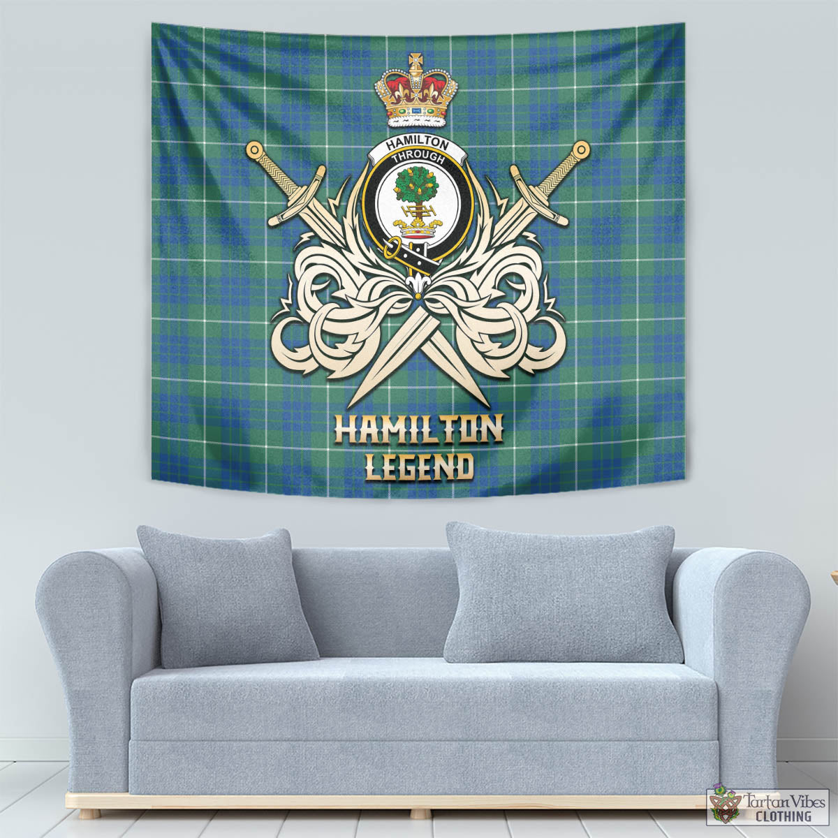 Tartan Vibes Clothing Hamilton Hunting Ancient Tartan Tapestry with Clan Crest and the Golden Sword of Courageous Legacy