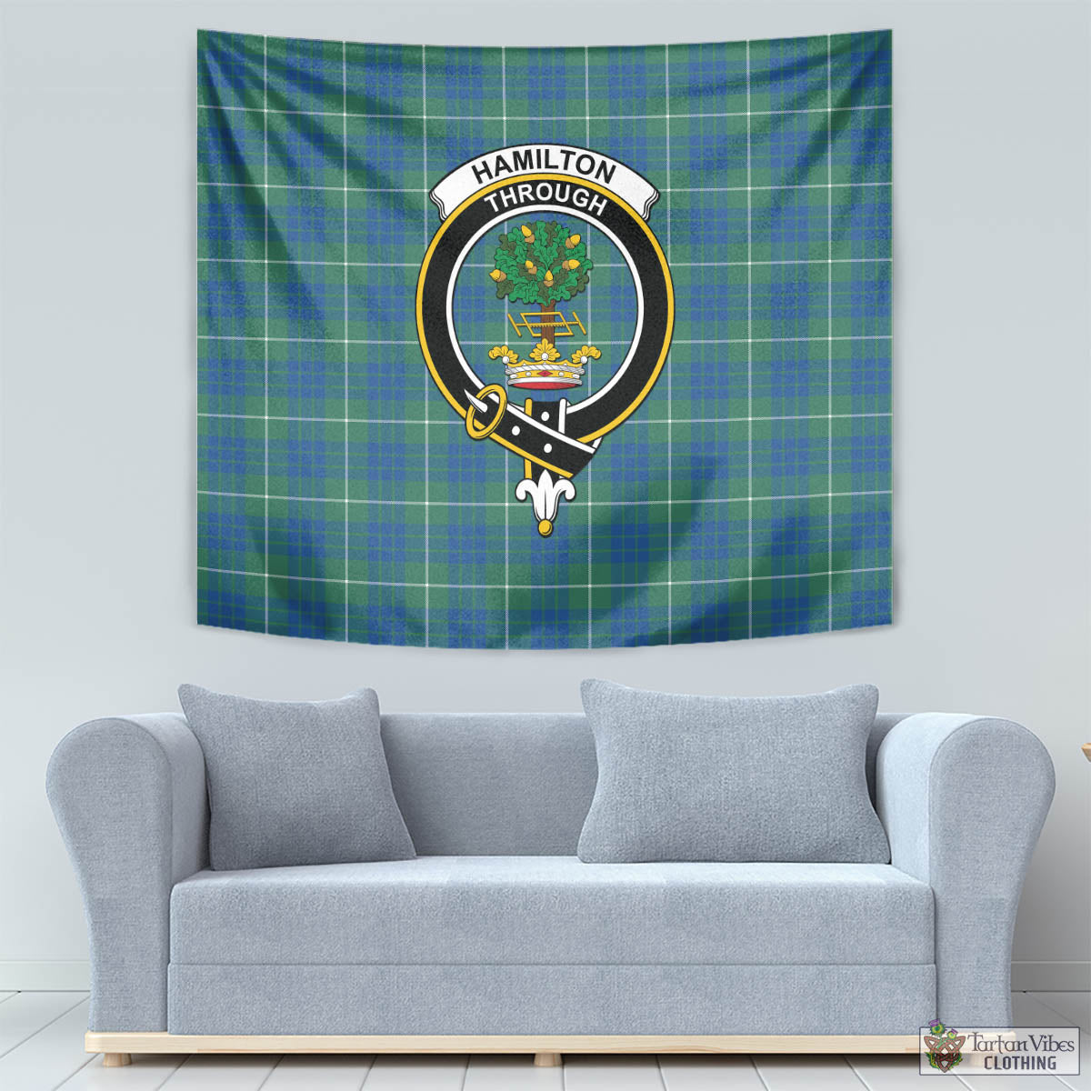 Tartan Vibes Clothing Hamilton Hunting Ancient Tartan Tapestry Wall Hanging and Home Decor for Room with Family Crest