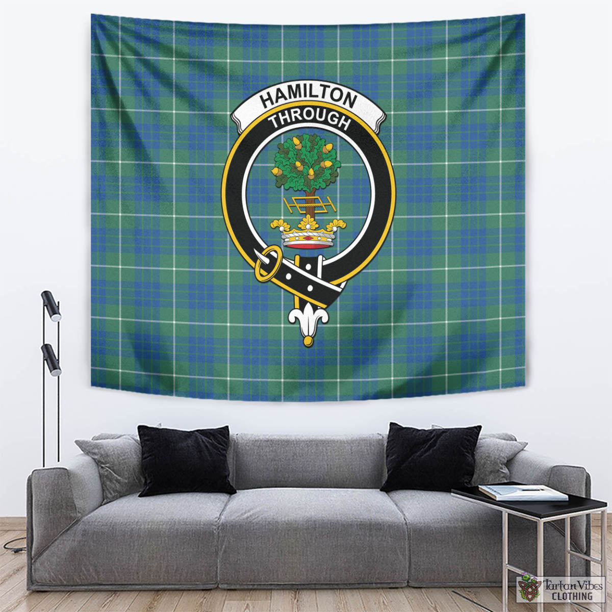 Tartan Vibes Clothing Hamilton Hunting Ancient Tartan Tapestry Wall Hanging and Home Decor for Room with Family Crest