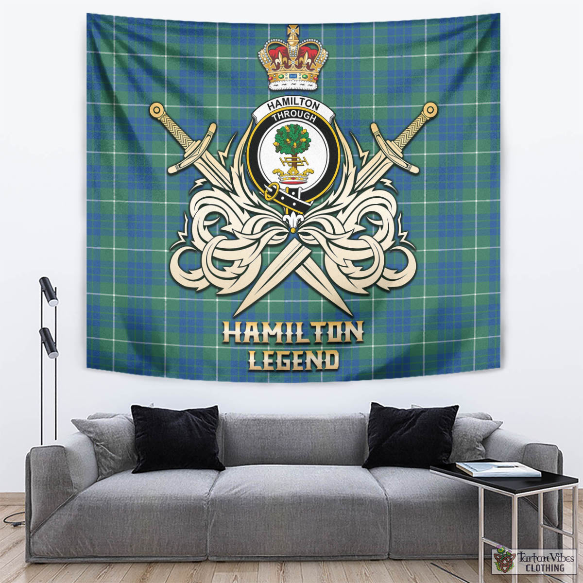 Tartan Vibes Clothing Hamilton Hunting Ancient Tartan Tapestry with Clan Crest and the Golden Sword of Courageous Legacy